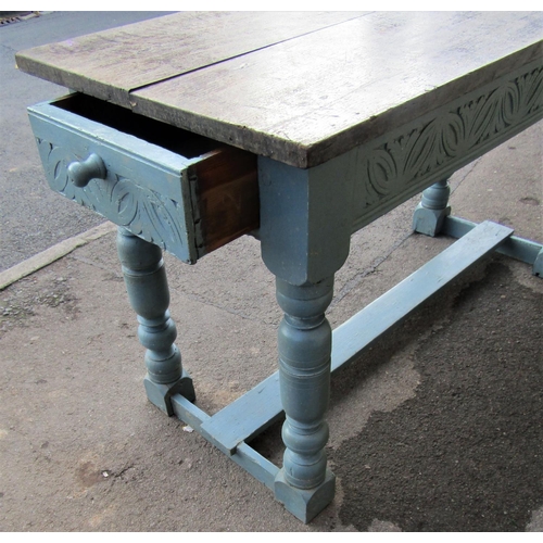 2225 - An antique old English style oak table, the rectangular top raised on later painted turned supports ... 