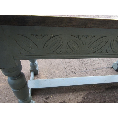 2225 - An antique old English style oak table, the rectangular top raised on later painted turned supports ... 