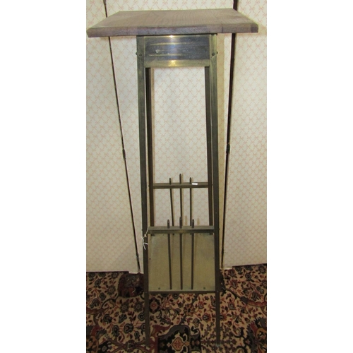 2680 - An art deco brass framed square tapering jardinière stand with timber top, 150cm high