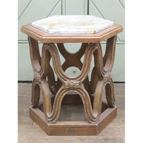 2684 - A carved timber hexagonal stool with painted finish and inset marble top, 45cm high