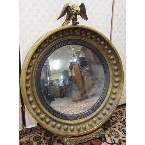 2804 - A Regency gilded convex wall mirror of usual form surmounted by an eagle, the lower platform with br... 