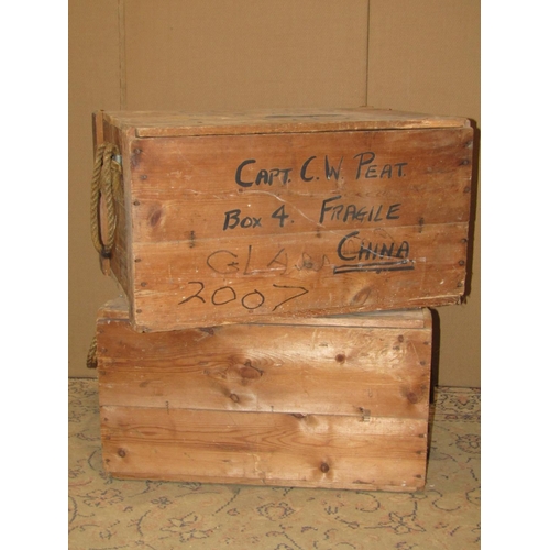 2157A - Two rustic pine packing crates with rope handles and hand painted lettering capt c w peat household ... 