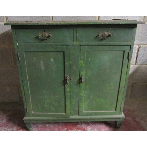 2623 - Late 19th century painted pine cupboard enclosed by two panelled doors and two drawers, 94 cm wide