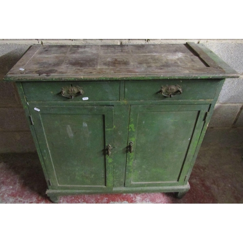 2623 - Late 19th century painted pine cupboard enclosed by two panelled doors and two drawers, 94 cm wide