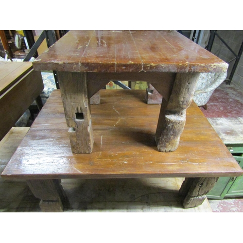 2624 - A rustic oak occasional table partially in oak raised on four square cut supports, together with a m... 