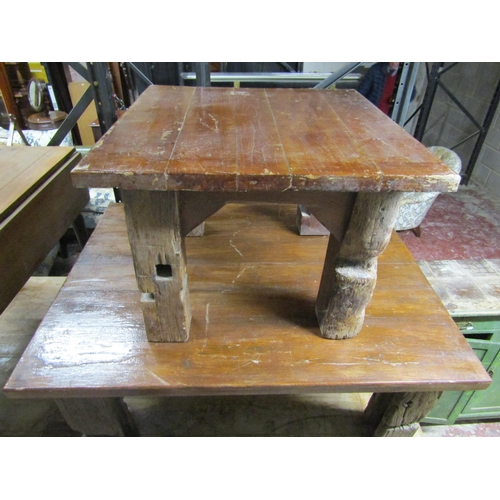 2624 - A rustic oak occasional table partially in oak raised on four square cut supports, together with a m... 