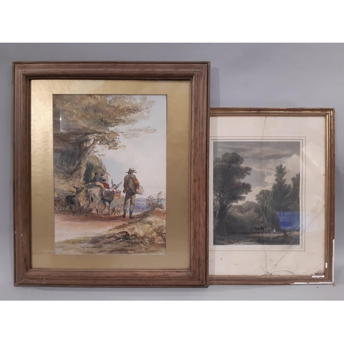 55 - Two framed works: English School, 19th Century - Man, children and animals, walking down the trail, ... 