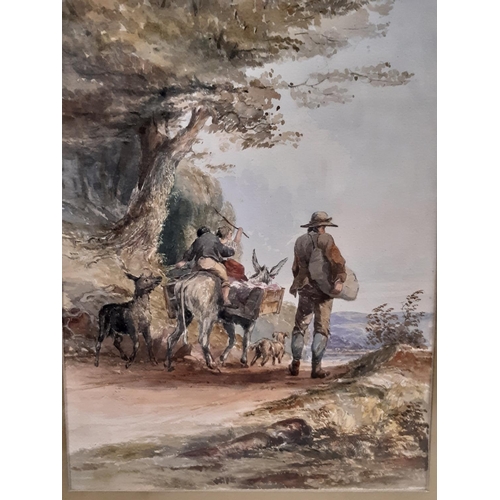 55 - Two framed works: English School, 19th Century - Man, children and animals, walking down the trail, ... 