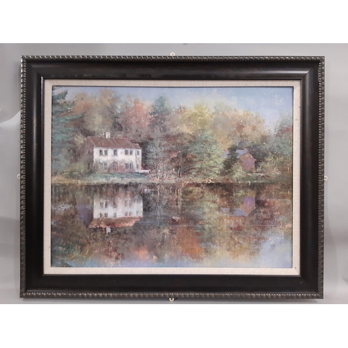 59 - Four framed works: Country River Scene with Reflection, oleograph print, 81 x 61 cm; two vintage pai... 