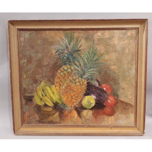 86 - Three still life oil paintings and a watercolour: A. Rothwell - Still life with fruit, oil on canvas... 