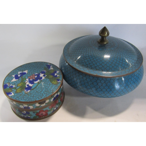 1786 - An Art Deco style cloisonné mantel clock, 20cm tall, a cloisonné pill box and a further blue fish sc... 