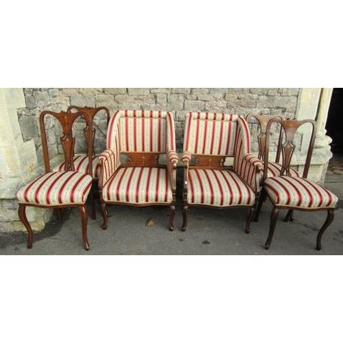 2658 - A suite of six inlaid Edwardian mahogany parlour room chairs each with marquetry inlaid detail, all ... 