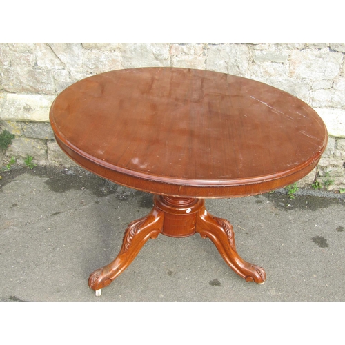 2663 - 19th century mahogany tea table, the circular 1 metre in diameter raised on a turned pillar and trip... 