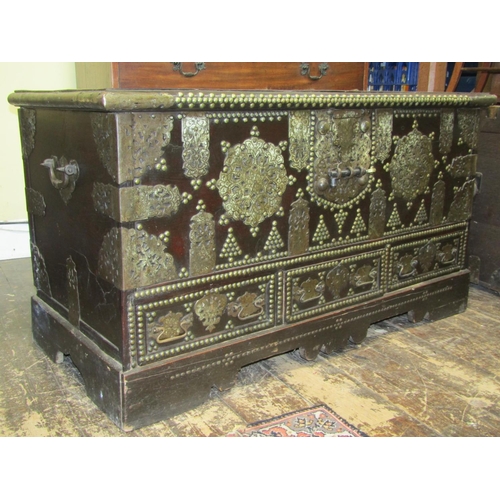 2805 - 19th century Zanzibar wedding or Dower chest, the hardwood frame heavily overlaid with geometric bra... 