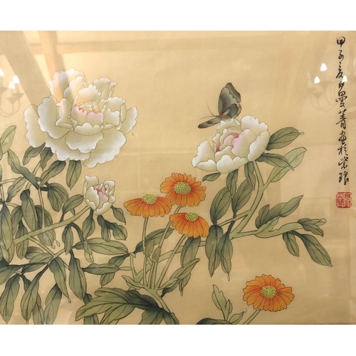 100 - Five Chinese and Japanese artworks to include: Butterfly with flowers, watercolour, calligraphy and ... 