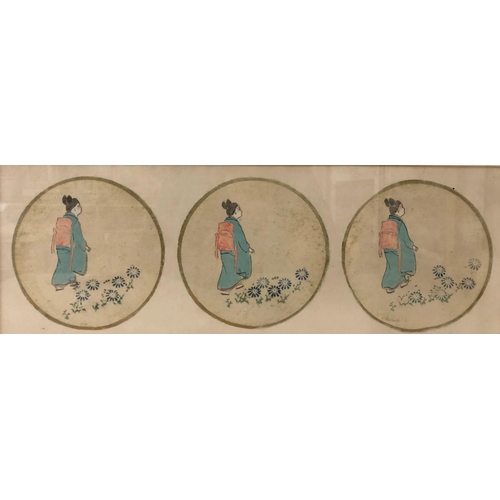 102 - Three works of oriental subjects: Chinese mountainous landscape with scholars, watercolour on silk, ... 