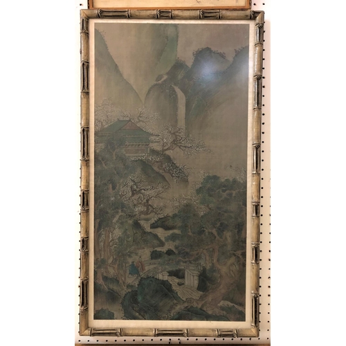 102 - Three works of oriental subjects: Chinese mountainous landscape with scholars, watercolour on silk, ... 