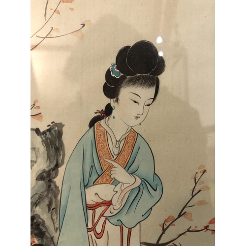 103 - Two Chinese watercolour paintings: Woman in the woods, and Butterflies with Chrysanthemums, both wat... 