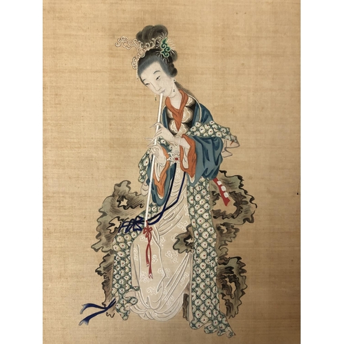 104 - Two Chinese paintings of ladies playing instruments (late 19th/early 20th century), watercolour and ... 