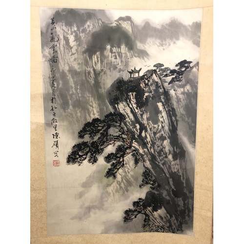 105 - 20th century Chinese hanging scroll, mountainous landscape, watercolour on paper, calligraphy and re... 