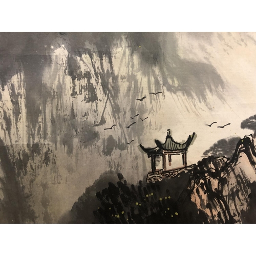 105 - 20th century Chinese hanging scroll, mountainous landscape, watercolour on paper, calligraphy and re... 