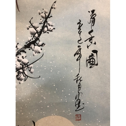 106 - 20th century Chinese hanging scroll with painting of snow blossom in winter scene, watercolour on pa... 