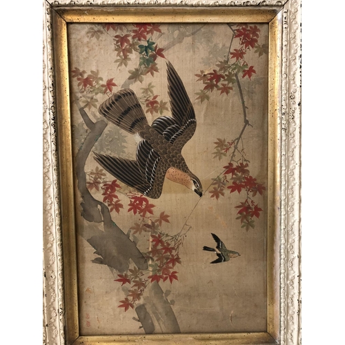 107 - Three framed Chinese paintings on silk of birds in trees (early 20th century), two bearing red seal ... 