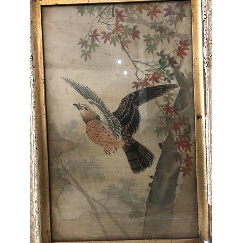 107 - Three framed Chinese paintings on silk of birds in trees (early 20th century), two bearing red seal ... 