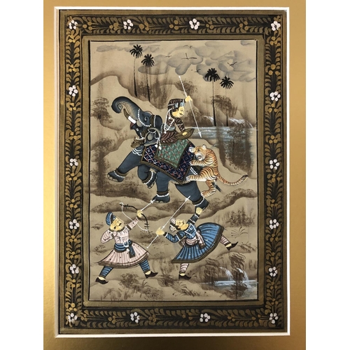 107A - Three Indian paintings on fabric of noblemen hunting, 29 x 20 cm each, with gilt mounting (3)