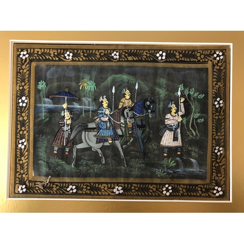 107A - Three Indian paintings on fabric of noblemen hunting, 29 x 20 cm each, with gilt mounting (3)