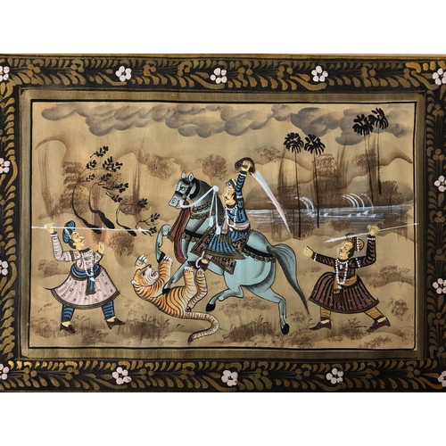 107A - Three Indian paintings on fabric of noblemen hunting, 29 x 20 cm each, with gilt mounting (3)