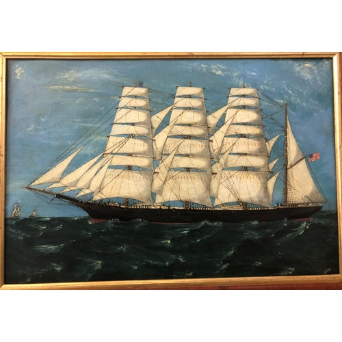 115 - Three naval themed works to include: Naive painting of American ship, oil on board, 36 x 53 cm; Afte... 