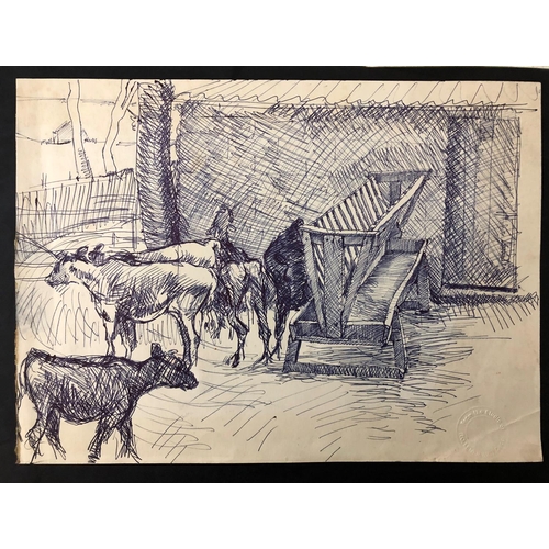 125 - Robert Oscar Lenkiewicz (1941-2002) - Pen study of cattle grazing on paper, 'From the Studio R.O. Le... 