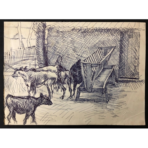 125 - Robert Oscar Lenkiewicz (1941-2002) - Pen study of cattle grazing on paper, 'From the Studio R.O. Le... 