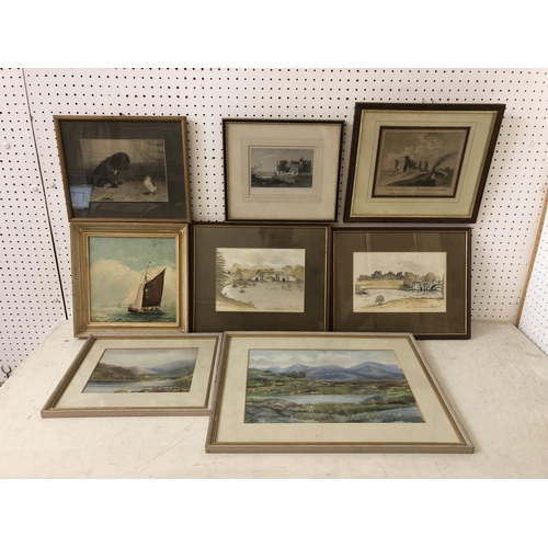 132 - Eight framed works to include: Eleana Hawkes - two watercolour landscapes of lakes, largest: 34 x 24... 