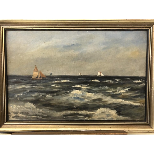 134 - Seven framed works to include: Sailboats at sea, oil on board, unsigned, 30 x 48 cm; After Antoine J... 