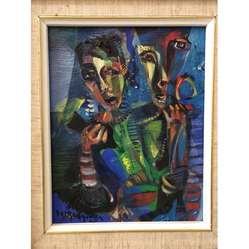 135 - Two 20th century paintings: Expressionistic portrait of two figures, oil on canvas, indistinctly sig... 