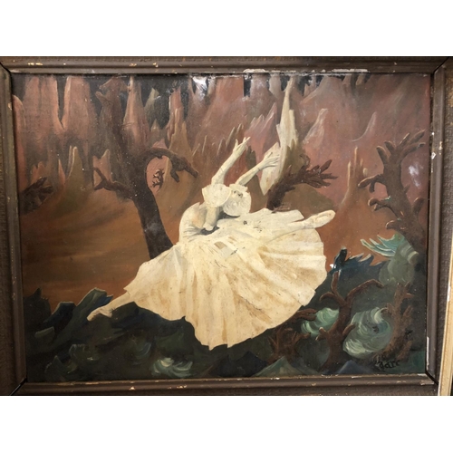 140 - Quantity of framed paintings, prints and frames: Surrealist painting of ballerina, indistinctly sign... 