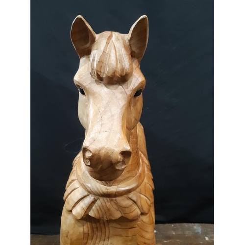 398 - Unusual carved pine rocking horse, made in Scotland 1990, with  carved mane and saddle, horsehair ta... 