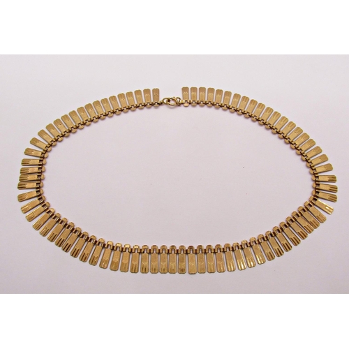 1350 - 1970s 9ct fringe collar necklace with textured finish, maker 'JAM', 18.9g