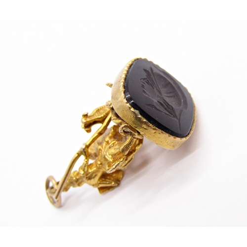 1358 - Vintage 9ct George and the Dragon seal fob with onyx intaglio, 8.8g