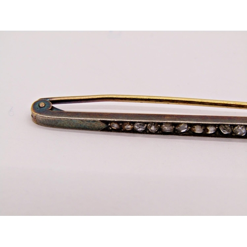 1360 - French antique bar brooch set with twenty-three rose-cut diamonds in bi-colour metal, 7.7cm long app... 