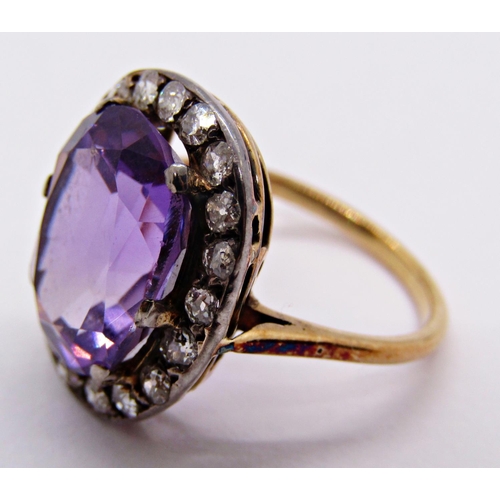 1367 - Antique yellow metal amethyst and diamond oval cluster ring, size L, 4.9g