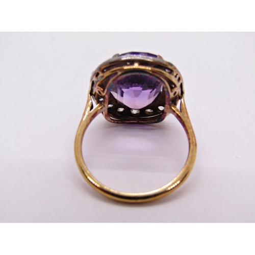 1367 - Antique yellow metal amethyst and diamond oval cluster ring, size L, 4.9g