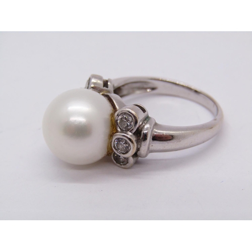 1373 - 18k white gold pearl and diamond cocktail ring, diamonds 0.10ct each approx, size P, 9.9g