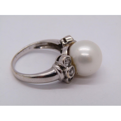 1373 - 18k white gold pearl and diamond cocktail ring, diamonds 0.10ct each approx, size P, 9.9g