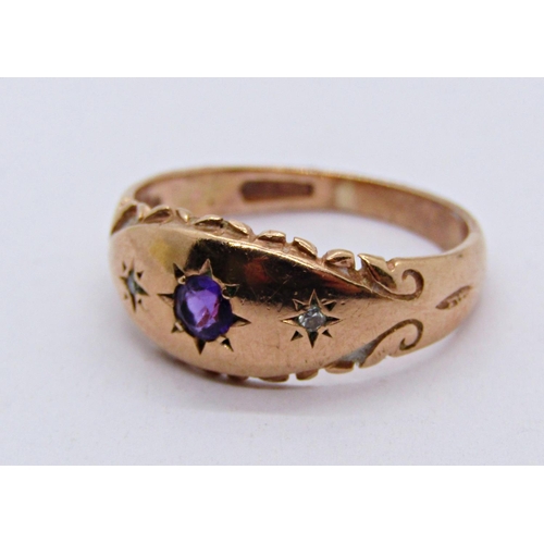 1389 - 9ct amethyst and diamond gypsy ring, size J, 2.2g