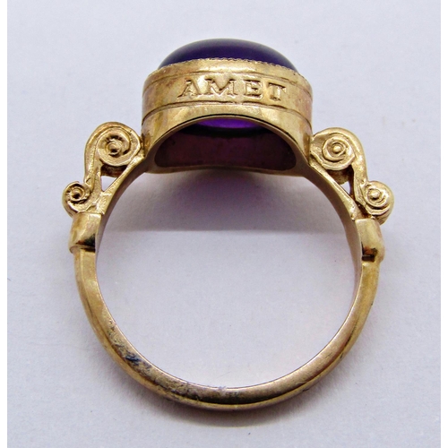 1390 - 9ct 'Amet Amie' cabochon amethyst friendship ring, maker 'REM', Birmingham, size J, 3.3g