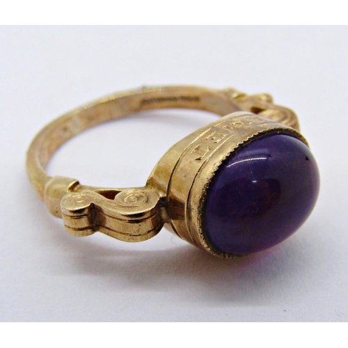 1390 - 9ct 'Amet Amie' cabochon amethyst friendship ring, maker 'REM', Birmingham, size J, 3.3g