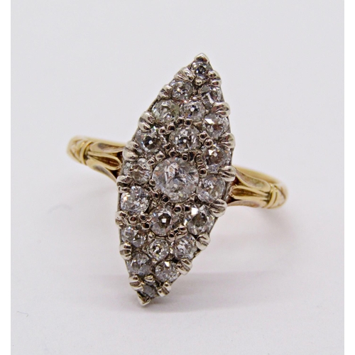 1395 - Good quality yellow metal diamond marquise cluster ring, largest stone 0.20ct approx, size N/O, 3.3g